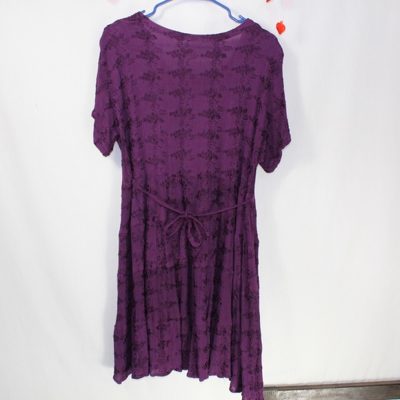 vintage purple floral embroidered short sleeve tie waist dress womens small - Picture 2 of 5